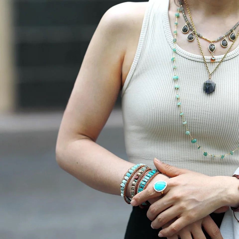 Boho wrap bracelet natural stone Jasper Amazonite